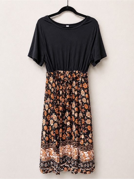 SHEIN Dresses & Skirts - SHEIN Black Top with Orange Floral Midi Dress